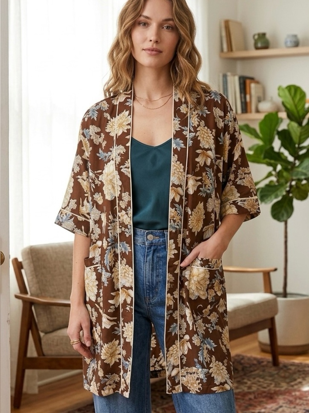New POL Clothing Boho Floral Open-Front Kimono Cardigan Size S/M